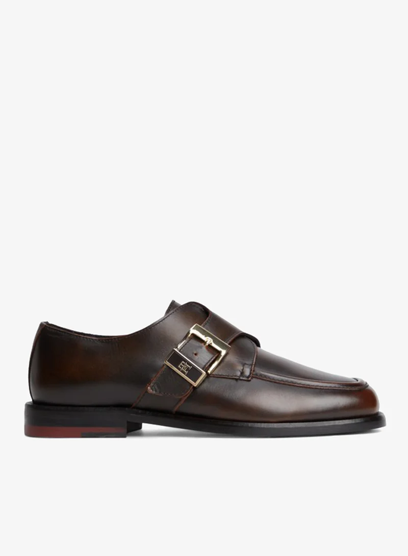 New York Label Leather Buckle Moc Toe Loafers