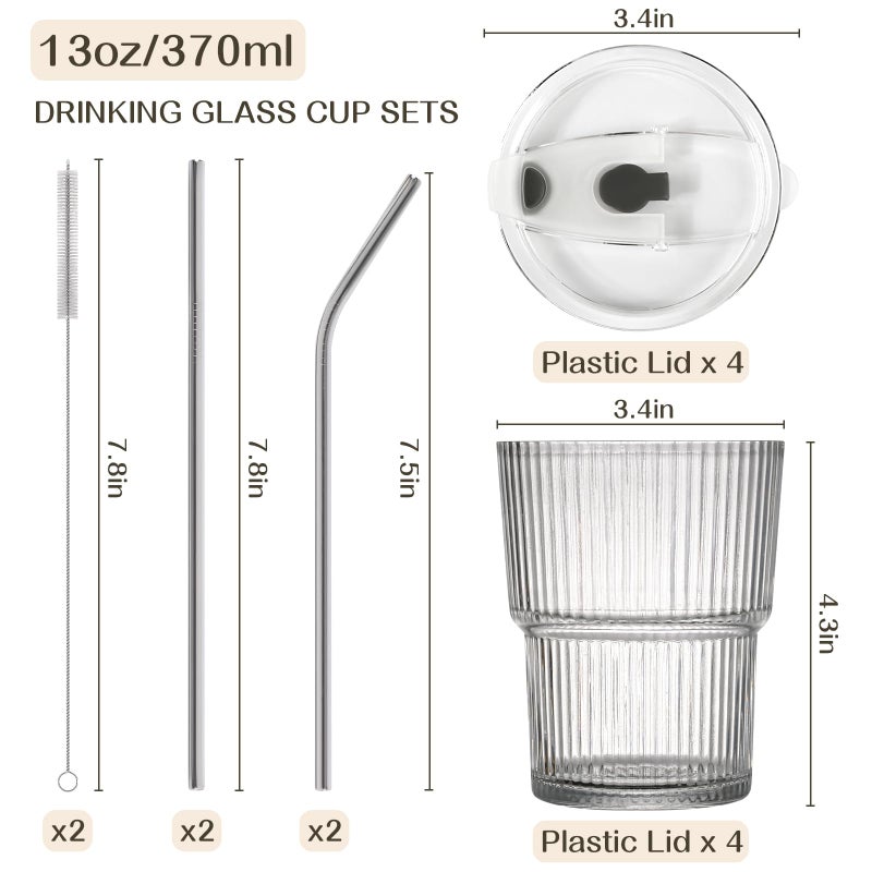 AUFXKOO 13oz Iced Coffee Cups,2Pcs Glass Cups with Lids and Straws Drinking Glasses,Clear Ribbed Glassware,Reusable Tumbler Glass to Go Cup for Matcha, Iced Tea,Juice - Image 2