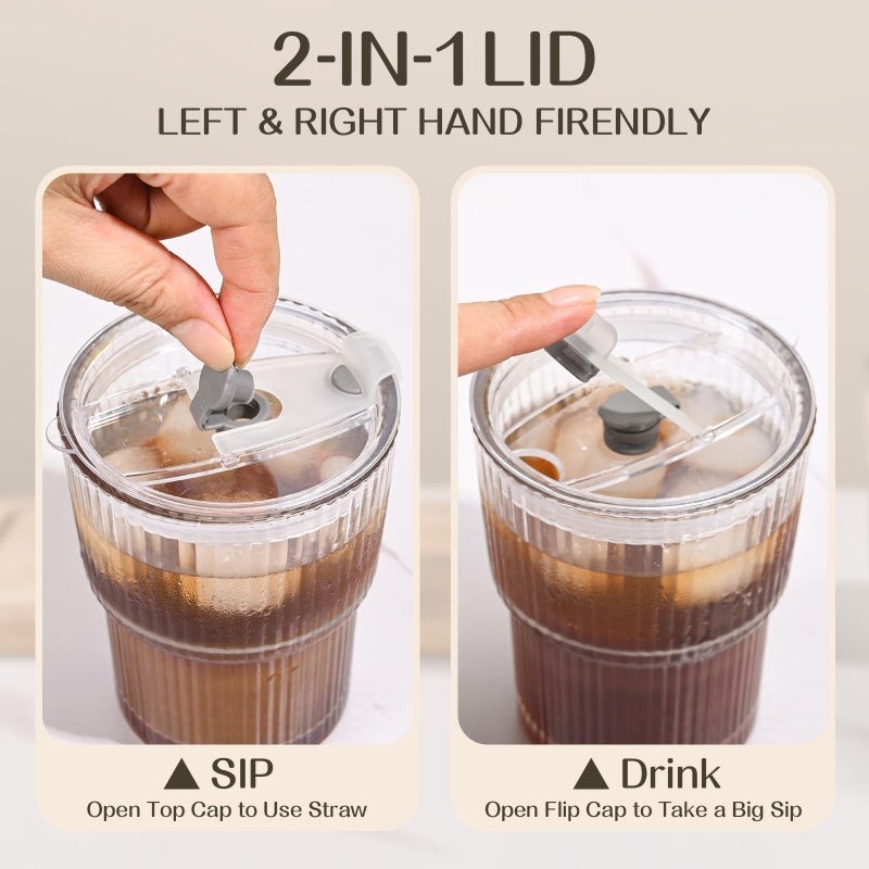 AUFXKOO 13oz Iced Coffee Cups,2Pcs Glass Cups with Lids and Straws Drinking Glasses,Clear Ribbed Glassware,Reusable Tumbler Glass to Go Cup for Matcha, Iced Tea,Juice - Image 4