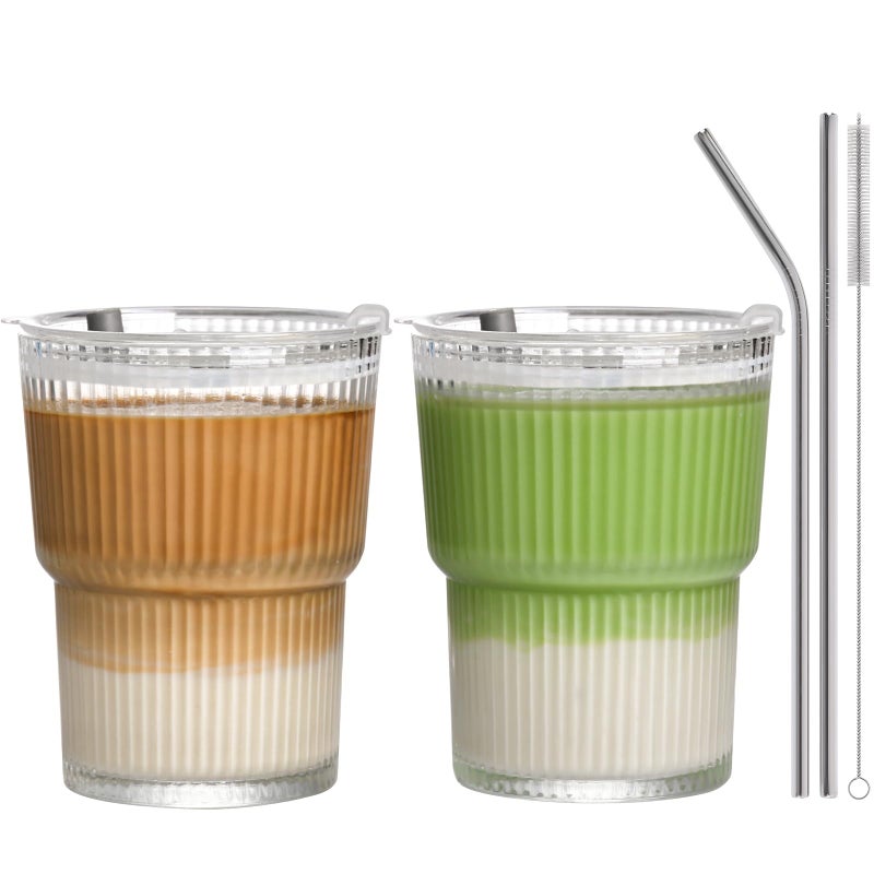 AUFXKOO 13oz Iced Coffee Cups,2Pcs Glass Cups with Lids and Straws Drinking Glasses,Clear Ribbed Glassware,Reusable Tumbler Glass to Go Cup for Matcha, Iced Tea,Juice - Image 1