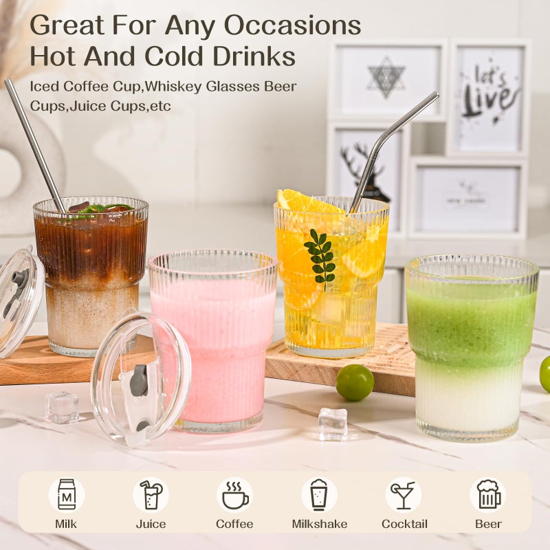 AUFXKOO 13oz Iced Coffee Cups,2Pcs Glass Cups with Lids and Straws Drinking Glasses,Clear Ribbed Glassware,Reusable Tumbler Glass to Go Cup for Matcha, Iced Tea,Juice - Image 5