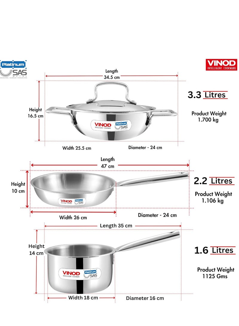 فينود طقم أواني طهي من الستانلس ستيل ثلاثي الطبقات "Vinod Platinum" - مكون من 4 قطع: وعاء كاداي (24 سم، 3.3 لتر)، مقلاة (24 سم، 2.2 لتر) مع غطاء مشترك، ووعاء صلصة (16 سم، 1.6 لتر). - Image 5