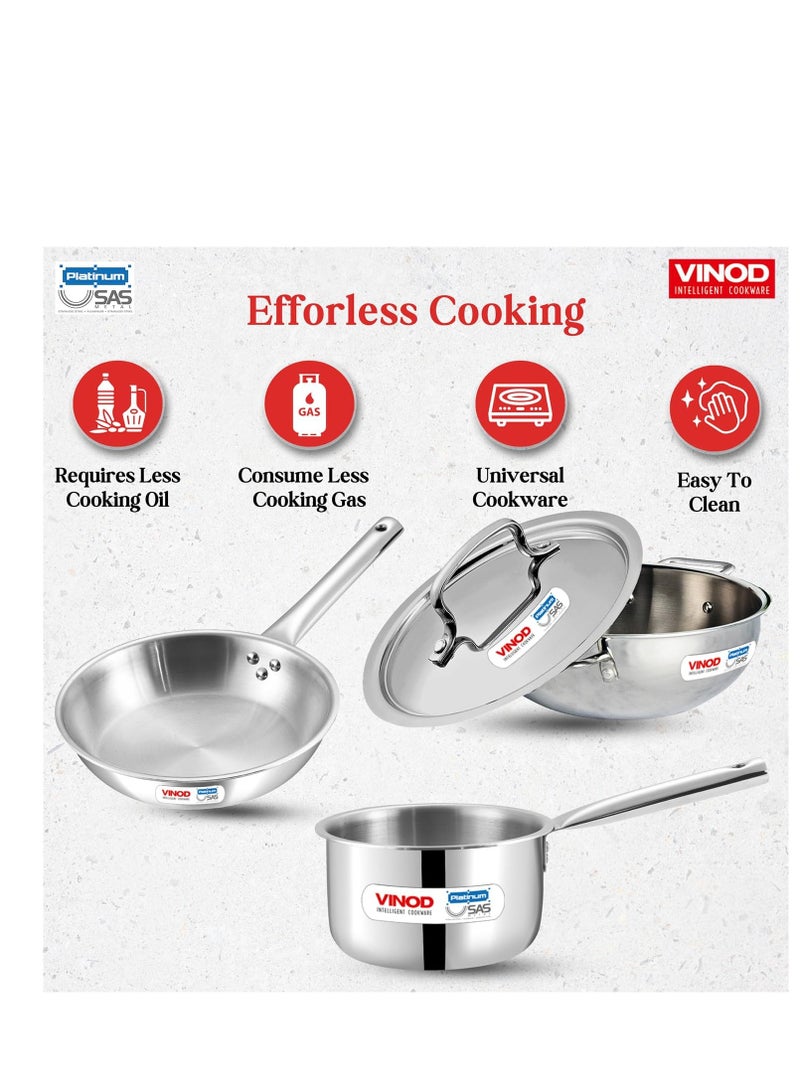فينود طقم أواني طهي من الستانلس ستيل ثلاثي الطبقات "Vinod Platinum" - مكون من 4 قطع: وعاء كاداي (24 سم، 3.3 لتر)، مقلاة (24 سم، 2.2 لتر) مع غطاء مشترك، ووعاء صلصة (16 سم، 1.6 لتر). - Image 4