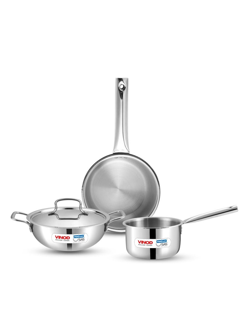 فينود طقم أواني طهي من الستانلس ستيل ثلاثي الطبقات "Vinod Platinum" - مكون من 4 قطع: وعاء كاداي (24 سم، 3.3 لتر)، مقلاة (24 سم، 2.2 لتر) مع غطاء مشترك، ووعاء صلصة (16 سم، 1.6 لتر). - Image 1