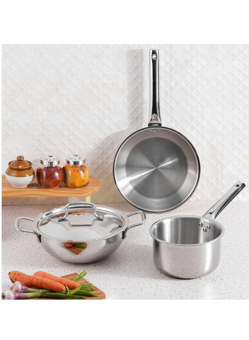 فينود طقم أواني طهي من الستانلس ستيل ثلاثي الطبقات "Vinod Platinum" - مكون من 4 قطع: وعاء كاداي (24 سم، 3.3 لتر)، مقلاة (24 سم، 2.2 لتر) مع غطاء مشترك، ووعاء صلصة (16 سم، 1.6 لتر). - Image 2