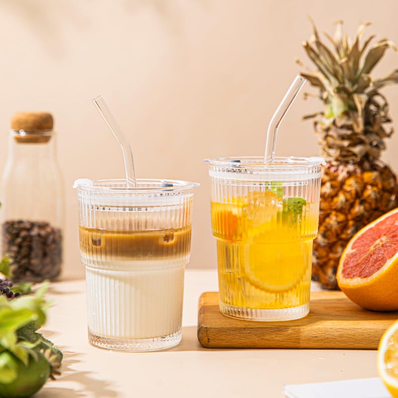 SoulTimes 13oz Glass Tumblers with Lids and Straws, Set of 2 - Stylish Ribbed Design Drinking Glasses for Iced Coffee, Juice, Smoothies, Cold Beverages, Includes Cleaning Brush, Durable Glassware - Image 5