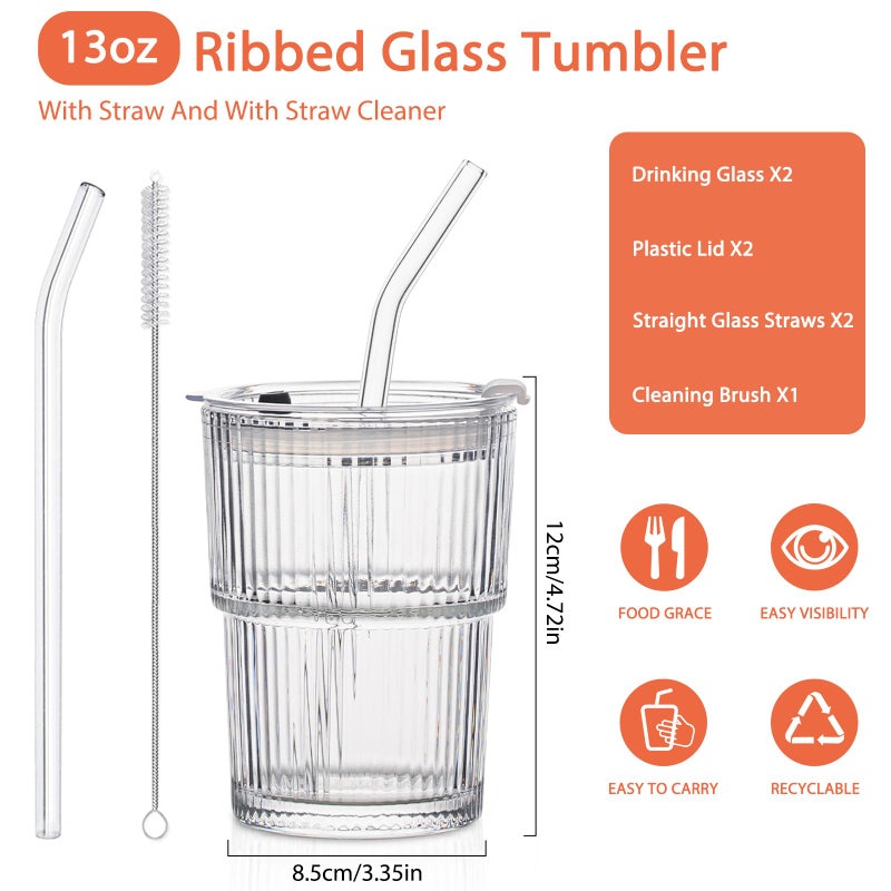SoulTimes 13oz Glass Tumblers with Lids and Straws, Set of 2 - Stylish Ribbed Design Drinking Glasses for Iced Coffee, Juice, Smoothies, Cold Beverages, Includes Cleaning Brush, Durable Glassware - Image 2