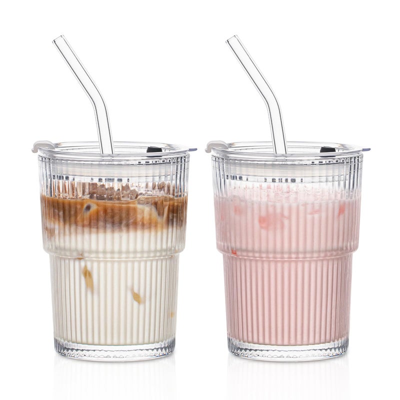 SoulTimes 13oz Glass Tumblers with Lids and Straws, Set of 2 - Stylish Ribbed Design Drinking Glasses for Iced Coffee, Juice, Smoothies, Cold Beverages, Includes Cleaning Brush, Durable Glassware - Image 1
