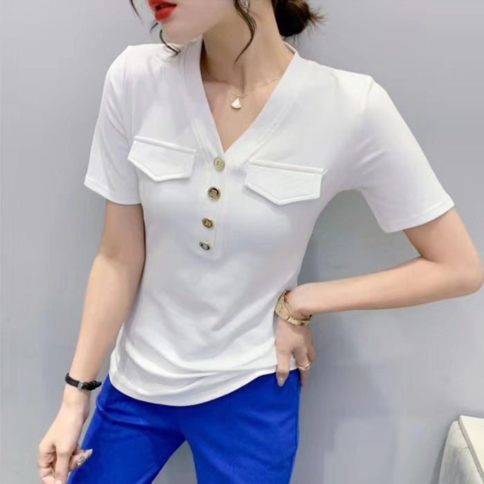 European Station 2024 Summer New Fashion Short-sleeved V-neck T-shirt Womens All-match Base Shirt Cotton Top Korean Wholesale AMJ#243# White - Image 1