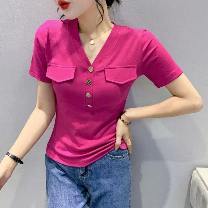 European Station 2024 Summer New Fashion Short-sleeved V-neck T-shirt Womens All-match Base Shirt Cotton Top Korean Wholesale AMJ#243# White - Image 2