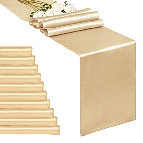 10Pack Champagne 12 x 108 inches Long Premium Satin Table Runner for Wedding Decorations for Birthday Parties Banquets Graduations Engagements Table Runners fit Rectange and Round Table