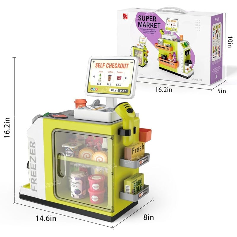 VikriDa 46-Piece Pretend Play Cash Register Toy Set with Water Outlet Function - Calculator, Shopping Bag, Scanners, Credit Cards, Coffee Machine, Play Food - Gift for Boys and Girls Ages 3+, Green - Image 2