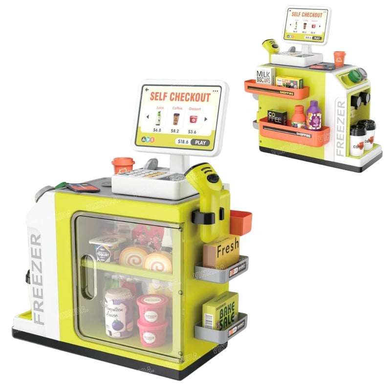 VikriDa 46-Piece Pretend Play Cash Register Toy Set with Water Outlet Function - Calculator, Shopping Bag, Scanners, Credit Cards, Coffee Machine, Play Food - Gift for Boys and Girls Ages 3+, Green - Image 1