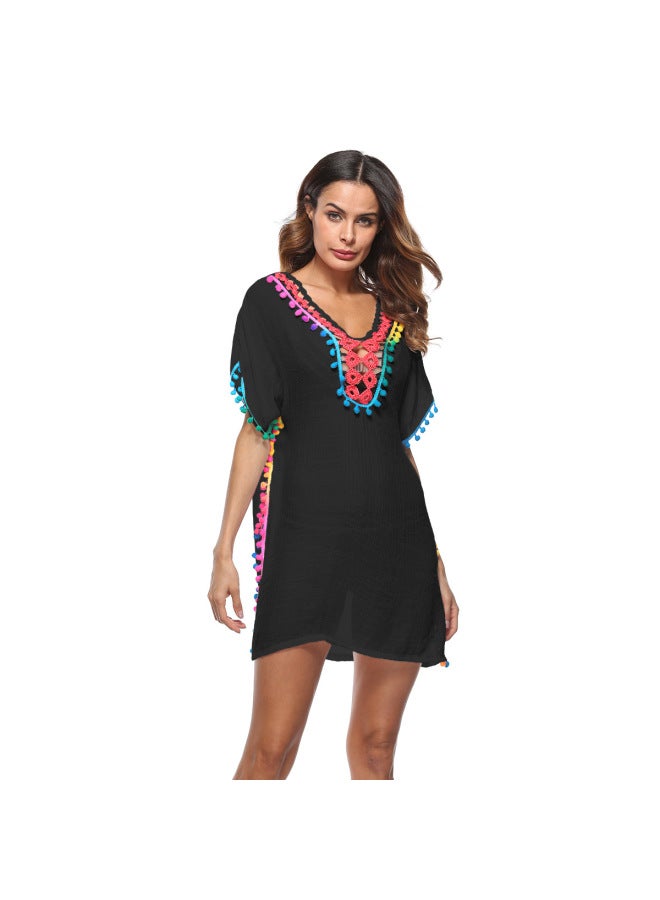AliExpress Hot Crochet Bikini Blouse Beach Blouse Sunscreen Shirt-Color:Black-