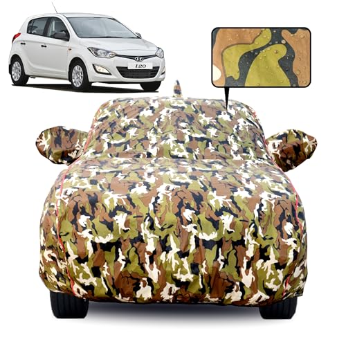 Slamio Waterproof Car Body Cover for Hyundai i20 (2009-2014) with Mirror Pocket, Soft Cotton Lining, Triple Stitched, Full Bottom Elastic (Heat Resistant Jungle Print with Red Piping) - Image 1