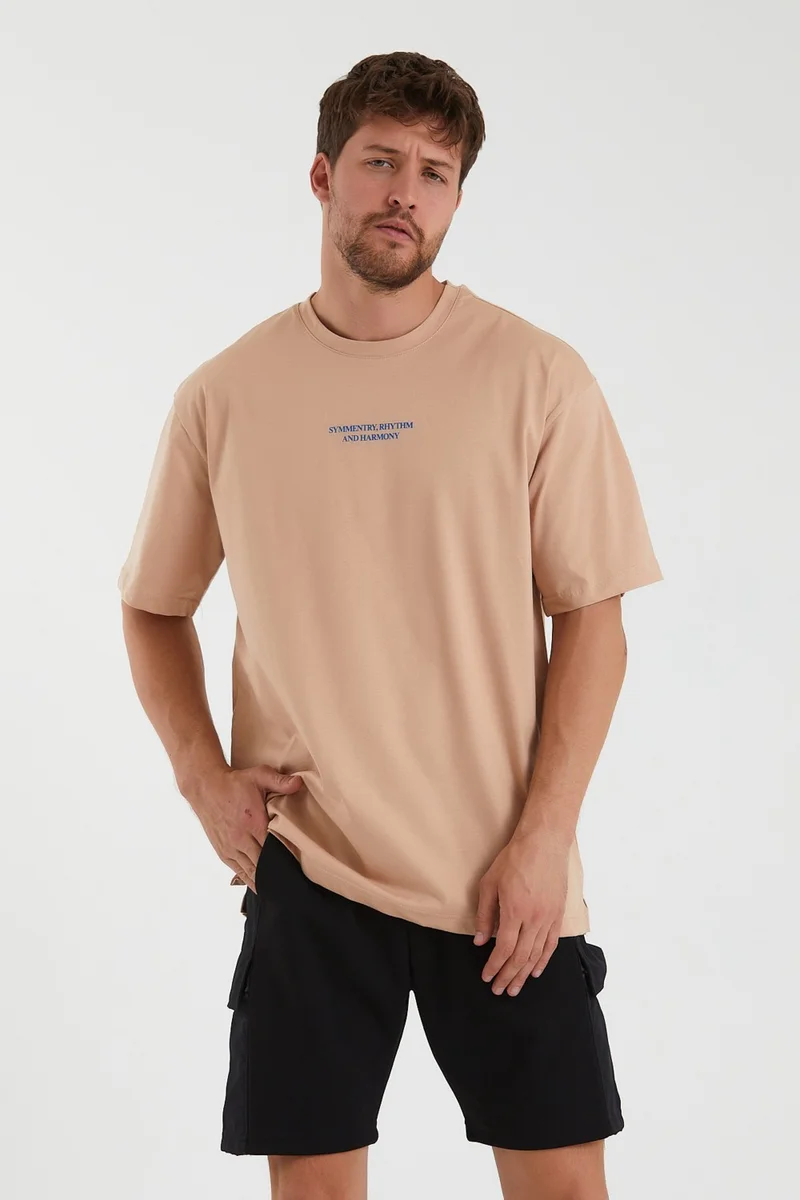 ام ار اس كلوثينج Harmony Oversize Printed Slit Detailed Wide Fit Crew Neck Men's Short Sleeve Mink T-Shirt