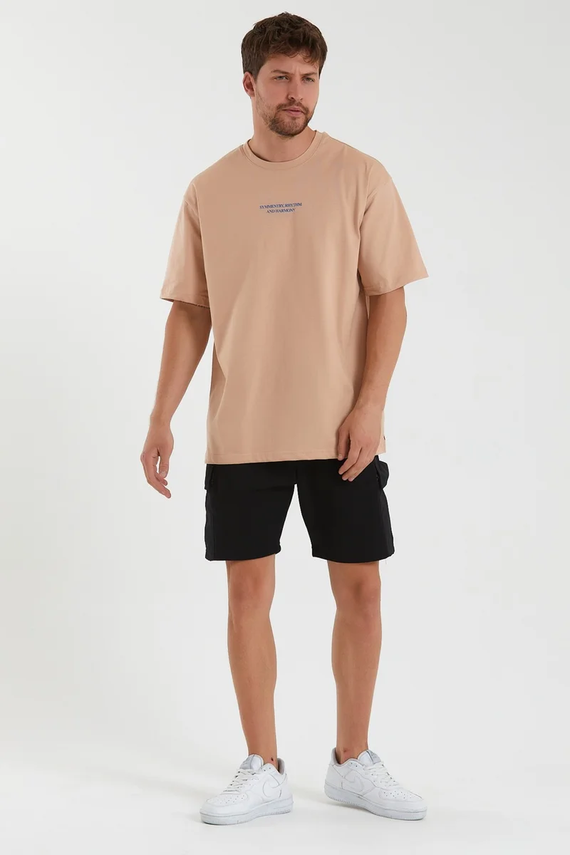 ام ار اس كلوثينج Harmony Oversize Printed Slit Detailed Wide Fit Crew Neck Men's Short Sleeve Mink T-Shirt