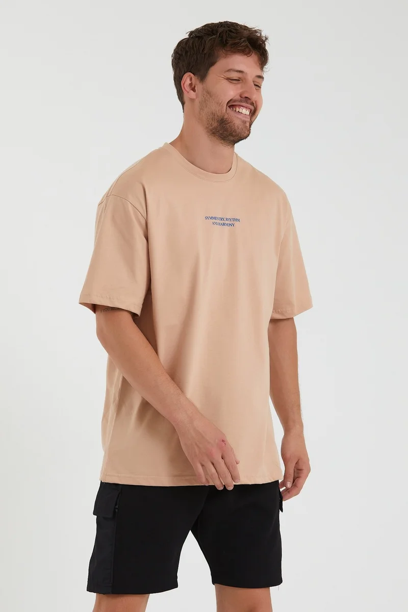 ام ار اس كلوثينج Harmony Oversize Printed Slit Detailed Wide Fit Crew Neck Men's Short Sleeve Mink T-Shirt