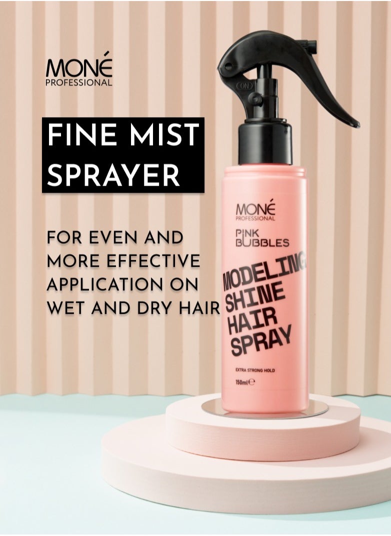 MONE Professional - Modeling Shine Hairspray - Liquid Extra-strong Hold Spray, Shape And Volume Fixation, Tool-compatible, Lightweight, Fine Mist Spray For Air Fixation, Vertical And Horizontal Volume, 150ml - Image 1