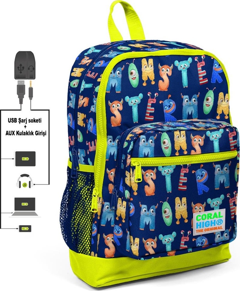 CORAL HIGH Kids Four Compartment Navy Blue Fossil Yellow Primary School Bag with USB Charging Headphone Output 23826
