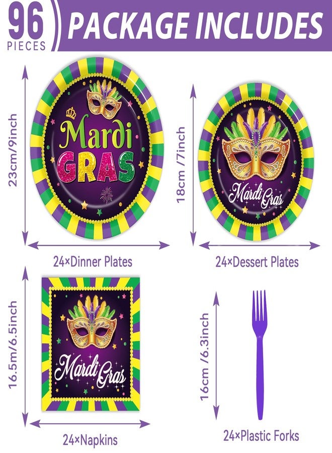 OBUSATT 96Pcs Mardi Gras Party Supplies Mardi Gras Paper Plates Napkins Forks Colorful Mardi Gras Decorations Dinnerware Disposable Party Favors Mardi Gras Party Decorations for Party Tableware Serves 24 - Image 2