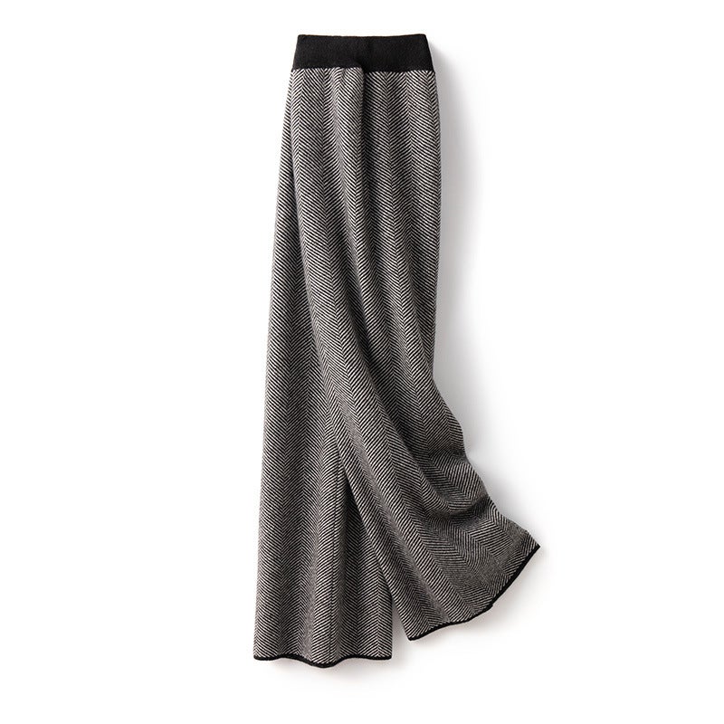 Luxury texture herringbone pattern 100% wool knitted pants womens autumn and winter thickened pants draped wide-leg pants Dark gray