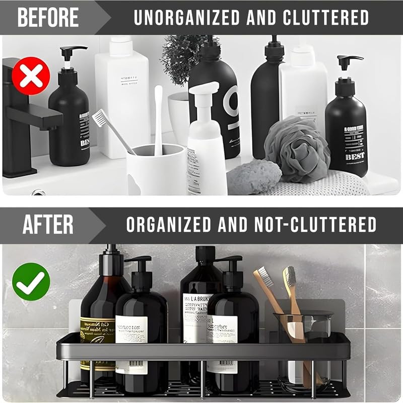 SANTALON Aluminum Wall Mounted Adhesive Shower Caddy Shelf | Storage Rack for Bedroom & Bathroom | Multifunctional Large Capacity Rack | Easy Installation & Durable Design (Black) - Image 3