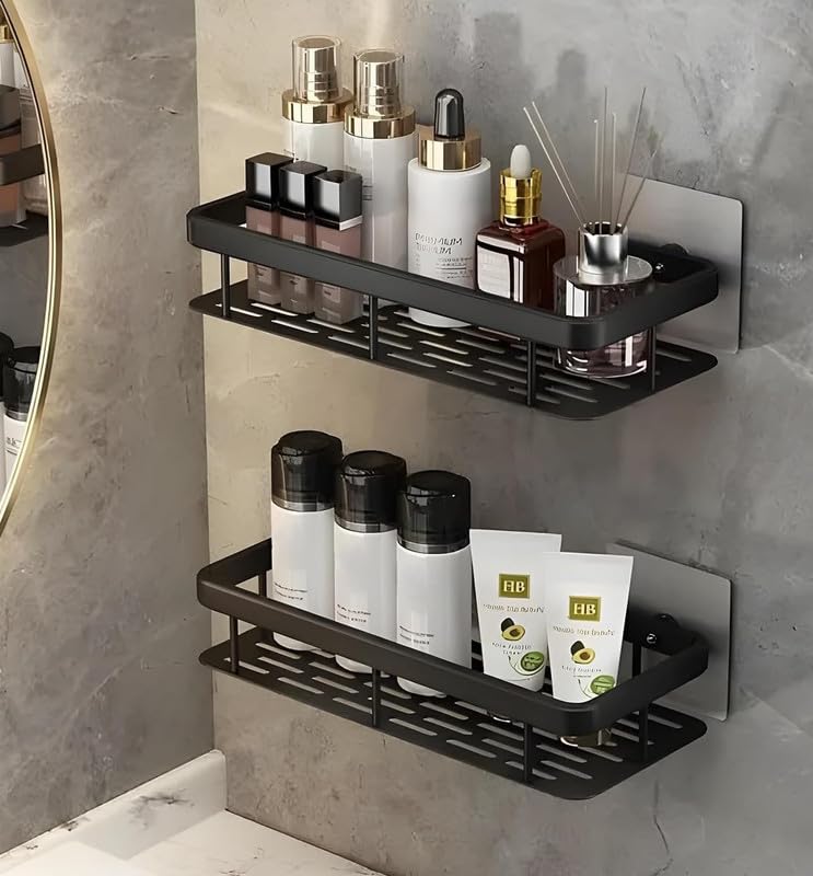 SANTALON Aluminum Wall Mounted Adhesive Shower Caddy Shelf | Storage Rack for Bedroom & Bathroom | Multifunctional Large Capacity Rack | Easy Installation & Durable Design (Black) - Image 2