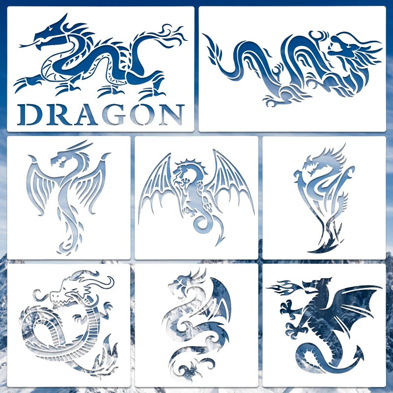 8 Pcs Dragon Stencils Airbrush Stencils Tattoo Stencil Paint Stencils Reusable Plastic Dragon Stencil for Painting on Wood Furniture Wall DIY Crafts Drawing Decoration