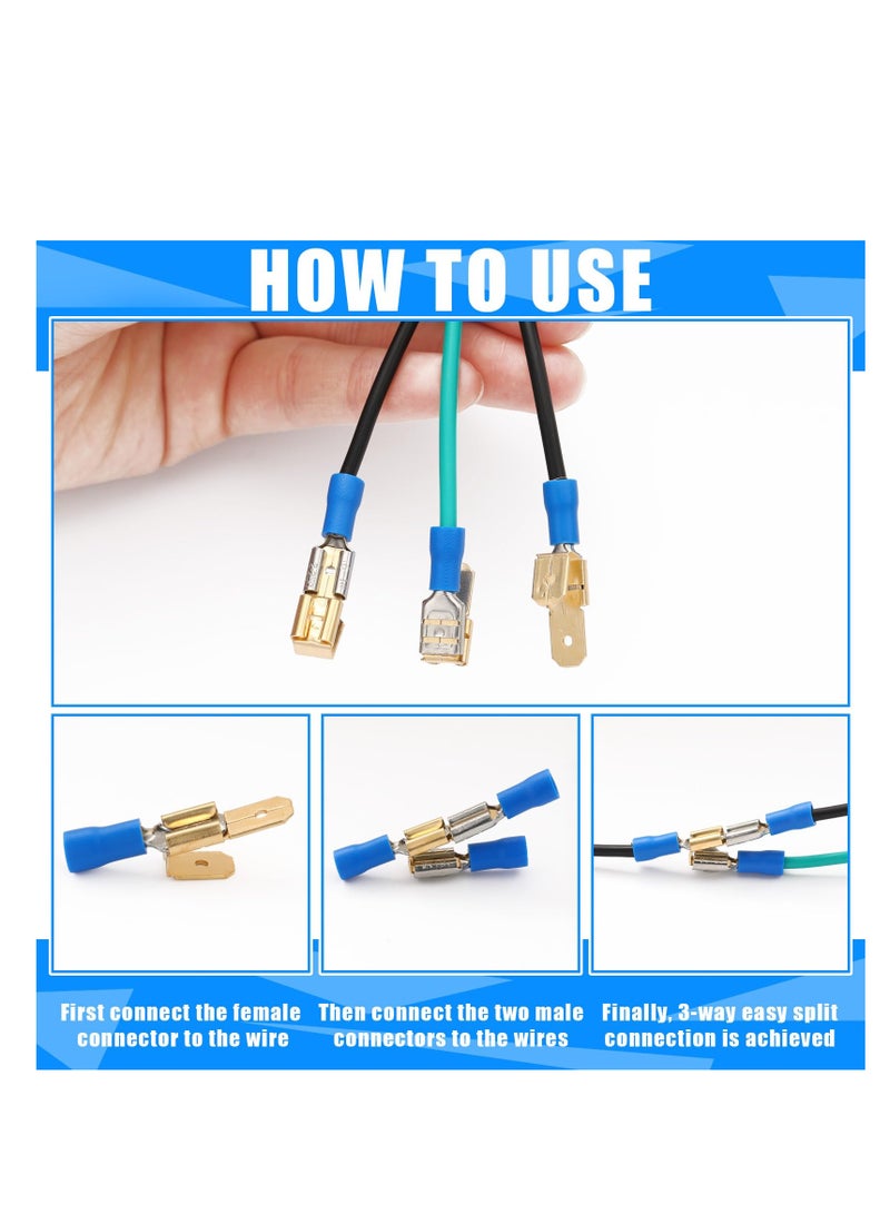SOLARAE 25 Pcs Piggyback Spade Connectors, 3 Way Adapter Dual Male to Single Female Brass Quick Disconnect Connectors Piggyback Terminals Crimp Terminals Assortment Kit, Unisulated - Image 4