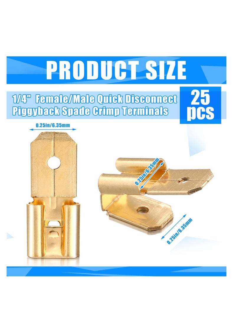 SOLARAE 25 Pcs Piggyback Spade Connectors, 3 Way Adapter Dual Male to Single Female Brass Quick Disconnect Connectors Piggyback Terminals Crimp Terminals Assortment Kit, Unisulated - Image 2