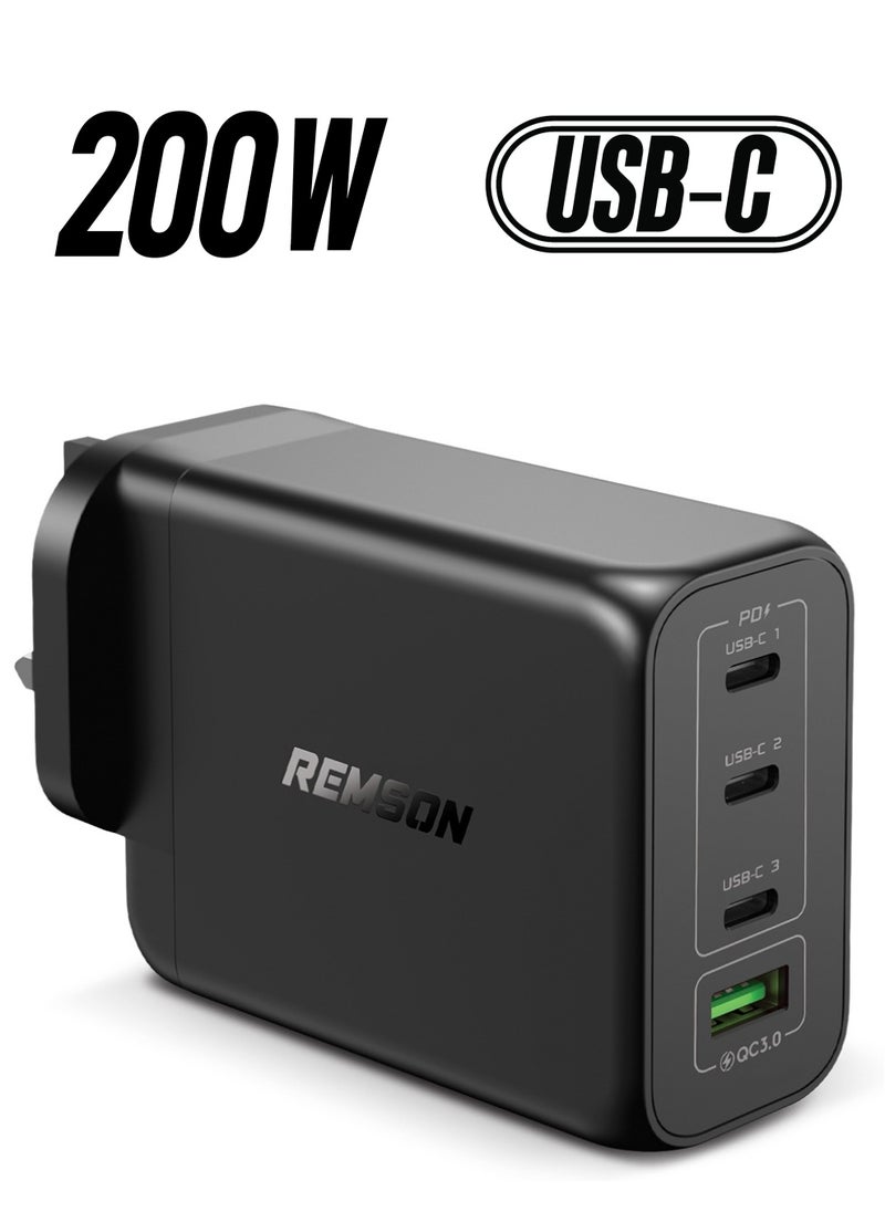 Remson - Remson 200W 4-Ports GaN 2 Pro Charger USB-C Power Wall Adapter Fast Charging PD 3.0 with USB-A Port  Compatible with iPhone 13/13 Mini/13 Pro/13 Pro Max/SE/11/XR/XS, Samsung S22+/S22, MacBook Pro/Air, iPad and  Laptops - Image 1