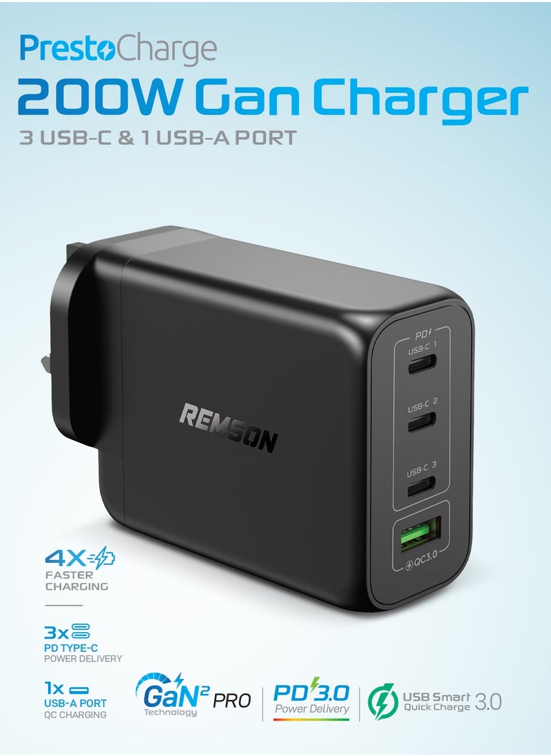 Remson - Remson 200W 4-Ports GaN 2 Pro Charger USB-C Power Wall Adapter Fast Charging PD 3.0 with USB-A Port  Compatible with iPhone 13/13 Mini/13 Pro/13 Pro Max/SE/11/XR/XS, Samsung S22+/S22, MacBook Pro/Air, iPad and  Laptops - Image 1
