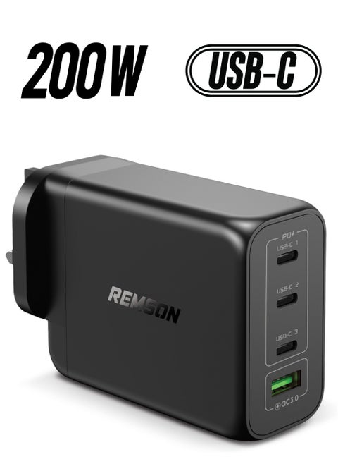 Remson 200W 4-Ports GaN 2 Pro Charger USB-C Power Wall Adapter Fast Charging PD 3.0 with USB-A Port  Compatible with iPhone 13/13 Mini/13 Pro/13 Pro Max/SE/11/XR/XS, Samsung S22+/S22, MacBook Pro/Air, iPad and  Laptops