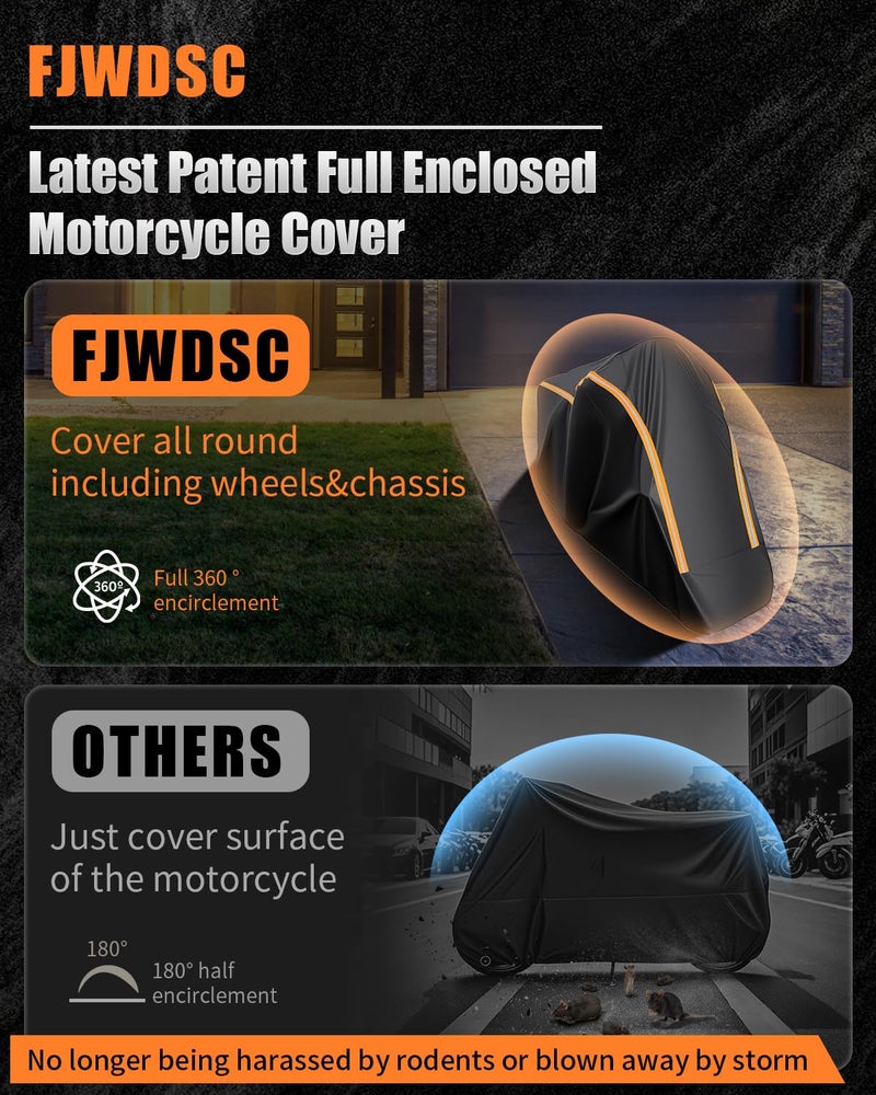 FJWDSC Full Enclosed Motorcycle Cover Waterproof Outdoor/Indoor Storage Waterproof Motorcycle Cover Heavy Duty with Reflective Strips Fits Touring Motorcycles Length up to 108" with Side+Top Box - Image 2