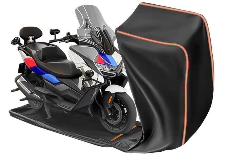 FJWDSC Full Enclosed Motorcycle Cover Waterproof Outdoor/Indoor Storage Waterproof Motorcycle Cover Heavy Duty with Reflective Strips Fits Touring Motorcycles Length up to 108" with Side+Top Box - Image 1