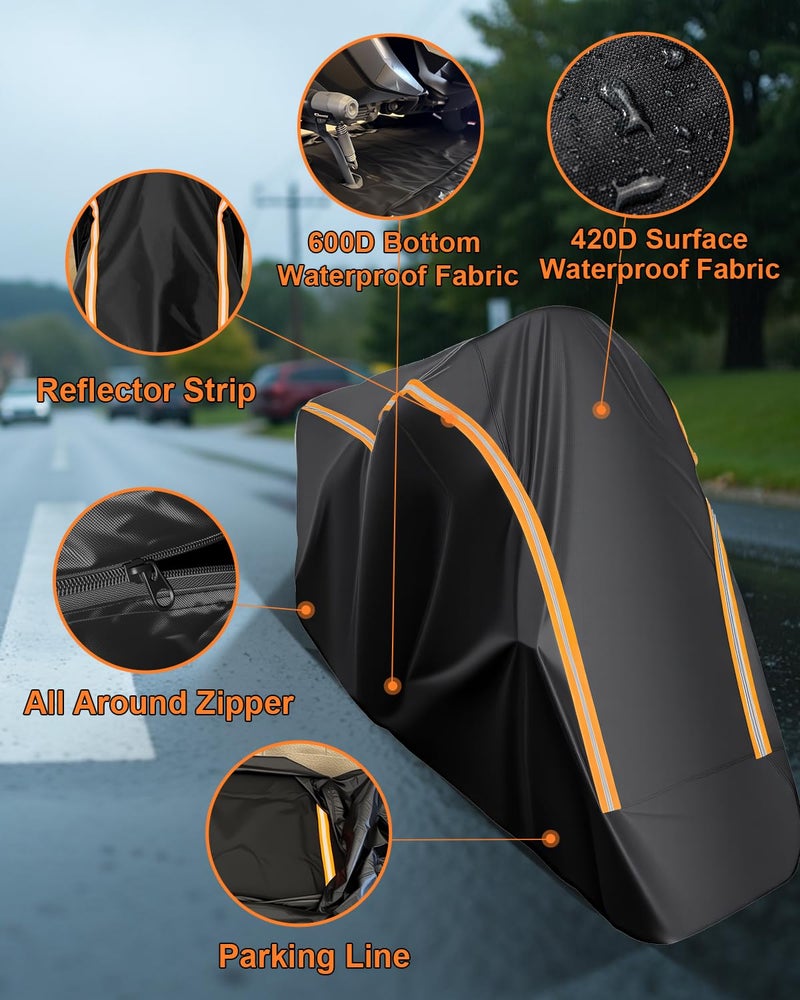 FJWDSC Full Enclosed Motorcycle Cover Waterproof Outdoor/Indoor Storage Waterproof Motorcycle Cover Heavy Duty with Reflective Strips Fits Touring Motorcycles Length up to 108" with Side+Top Box - Image 3