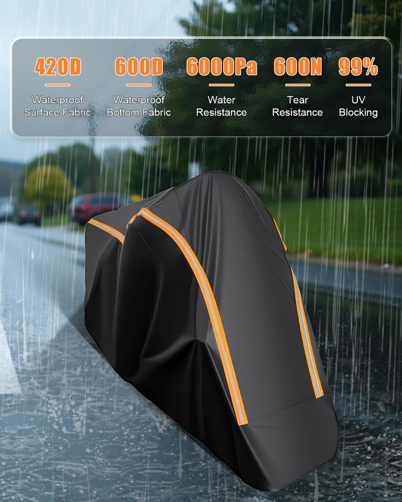 FJWDSC Full Enclosed Motorcycle Cover Waterproof Outdoor/Indoor Storage Waterproof Motorcycle Cover Heavy Duty with Reflective Strips Fits Touring Motorcycles Length up to 108" with Side+Top Box - Image 5