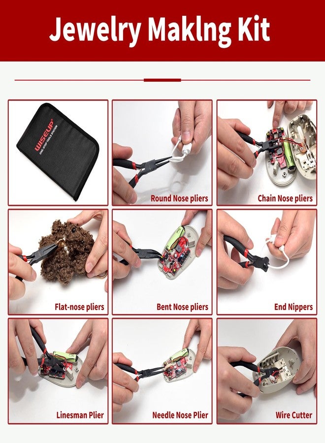 وايزأب مجموعة كماشة صغيرة من WISEUP مكونة من 8 قطع، إبرة، مستديرة، مسطحة، طويلة، أنف منحني، قطري، قطع طرفي، كماشة خطية للحرف اليدوية والإلكترونيات وصناعة المجوهرات، مع حقيبة - Image 4