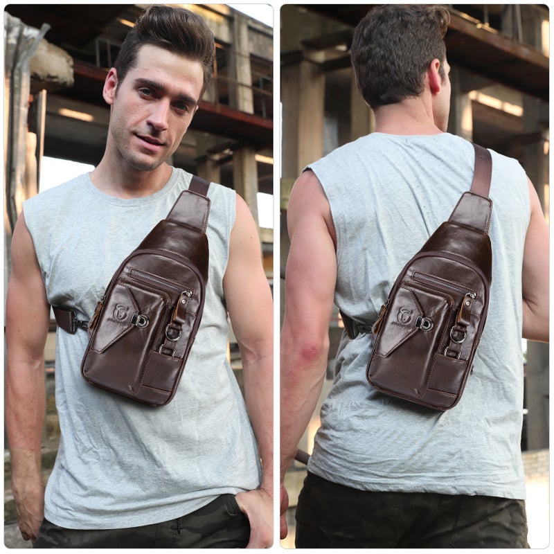Men's Leather Sling Bag with Cellphone Holder Waterproof Crossbody Pack Chest Shoulder Backpack for Hiking Cycling Mountaineering Travelling - Image 3