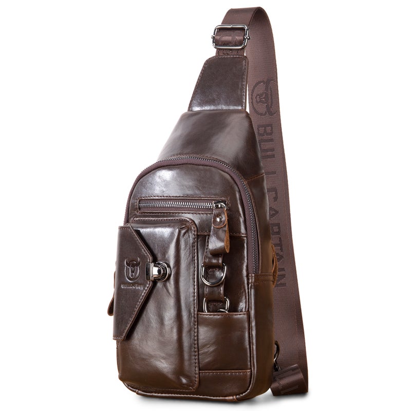 Men's Leather Sling Bag with Cellphone Holder Waterproof Crossbody Pack Chest Shoulder Backpack for Hiking Cycling Mountaineering Travelling - Image 1