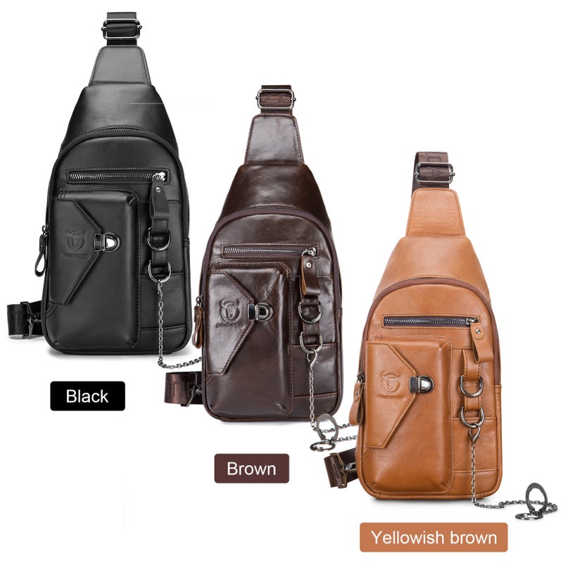 Men's Leather Sling Bag with Cellphone Holder Waterproof Crossbody Pack Chest Shoulder Backpack for Hiking Cycling Mountaineering Travelling - Image 2