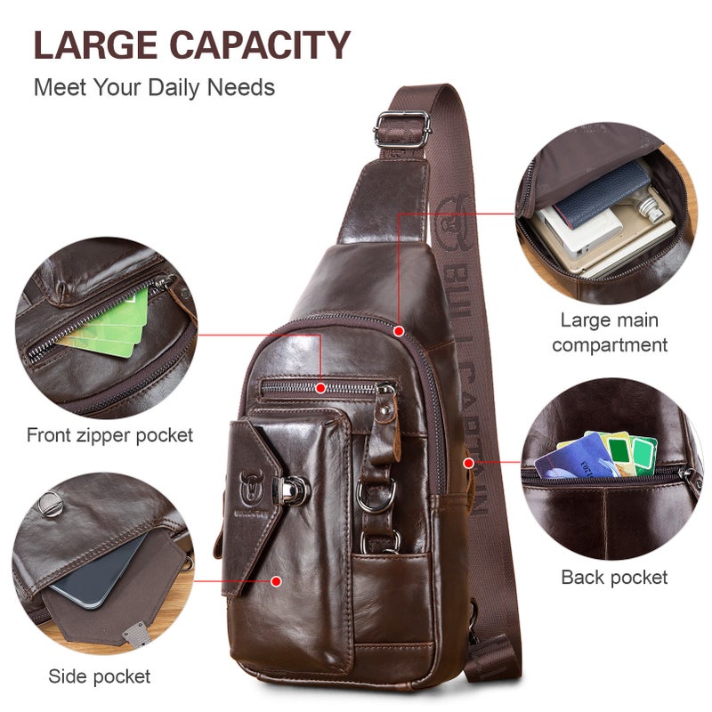 Men's Leather Sling Bag with Cellphone Holder Waterproof Crossbody Pack Chest Shoulder Backpack for Hiking Cycling Mountaineering Travelling - Image 4