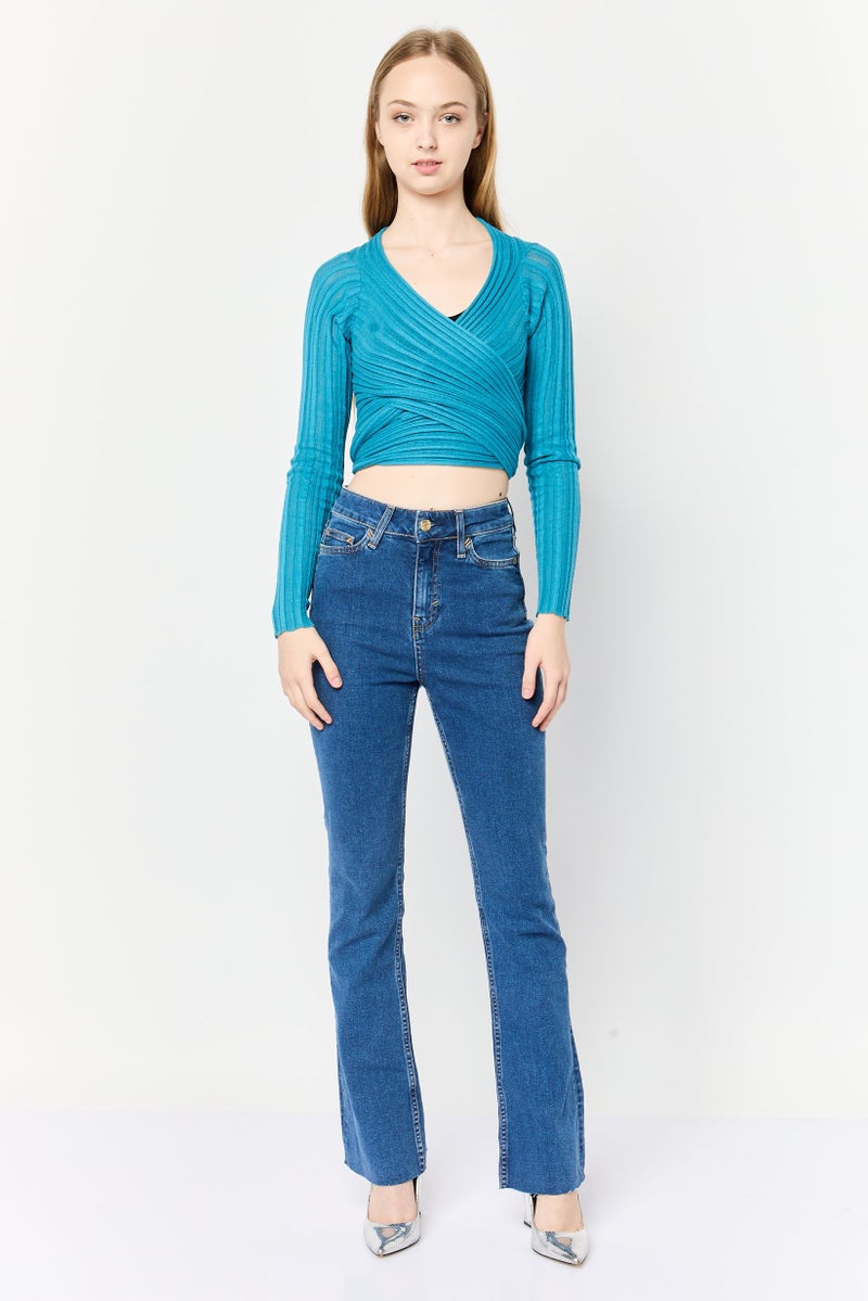 Collusion Women Split Neck Knitted Wrap Cardigan, Mid Blue  - Image 2