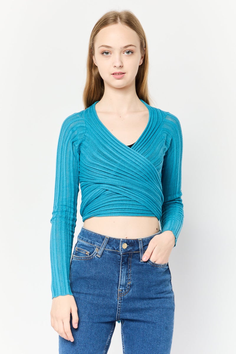 Collusion Women Split Neck Knitted Wrap Cardigan, Mid Blue  - Image 1