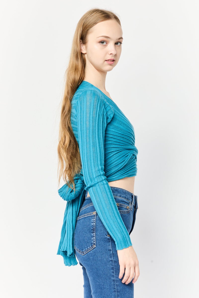 Collusion Women Split Neck Knitted Wrap Cardigan, Mid Blue  - Image 3