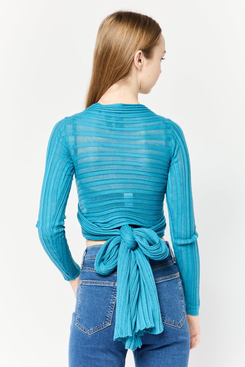 Collusion Women Split Neck Knitted Wrap Cardigan, Mid Blue  - Image 4