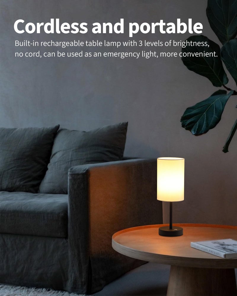 KDG Simple Cordless Table lamp, Portable Bedside 5000mAh LED Desk Lamp, 3 Brightness Levels Emergency Light, Linen Lampshade for Living Room, Bedroom, Dining Room, Night Light (Black) - Image 2