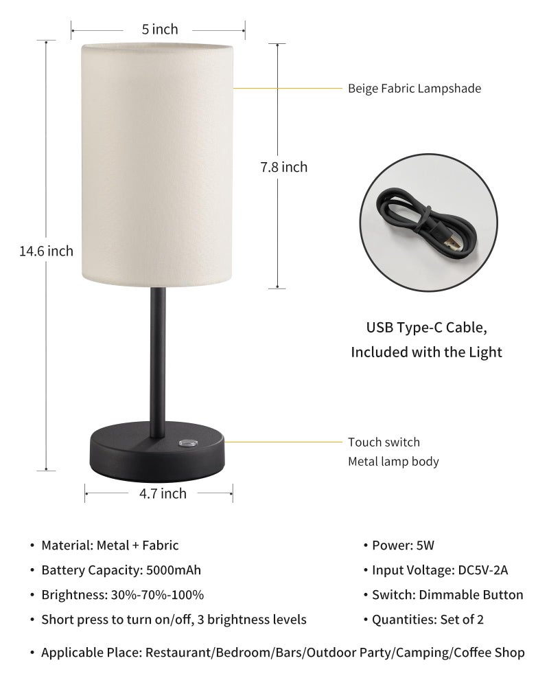 KDG Simple Cordless Table lamp, Portable Bedside 5000mAh LED Desk Lamp, 3 Brightness Levels Emergency Light, Linen Lampshade for Living Room, Bedroom, Dining Room, Night Light (Black) - Image 5