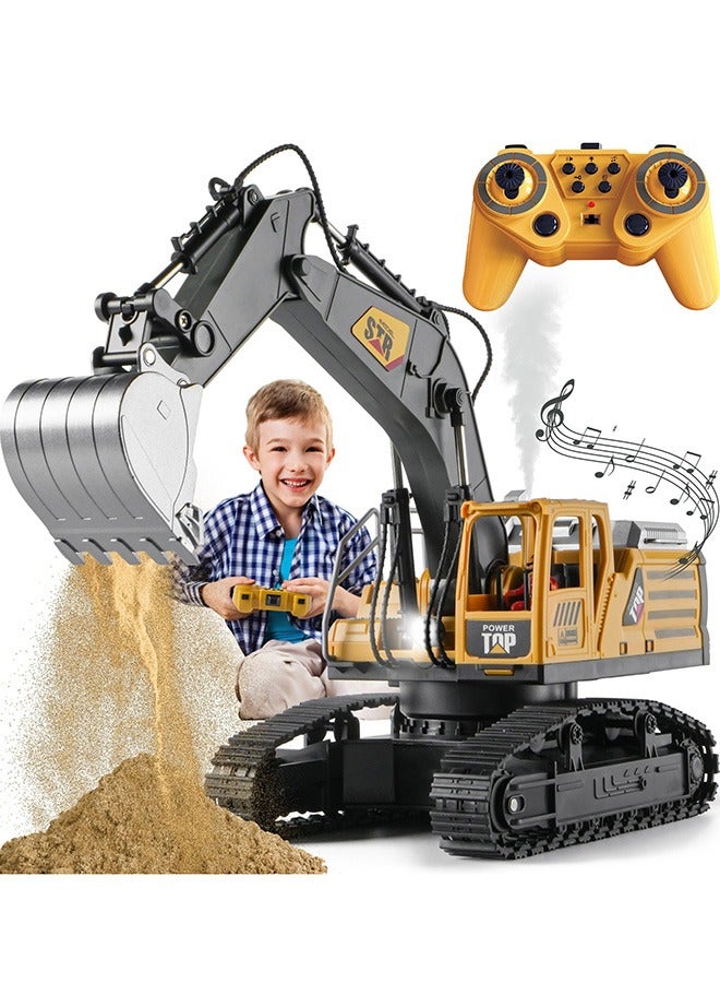 XiuWoo Remote Control Excavator Toys for Boys,14 Channel RC Digger Construction Toys Tractor,Simulated Smoke, Sound, Lighting, Metal Digging Head, for Boys 6-12  - Image 1